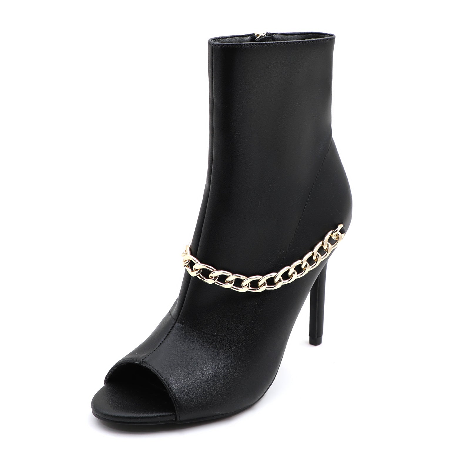 Lurnyet Women's Chain Detail Peep Toe 4 Inch High Heel Ankle Boot