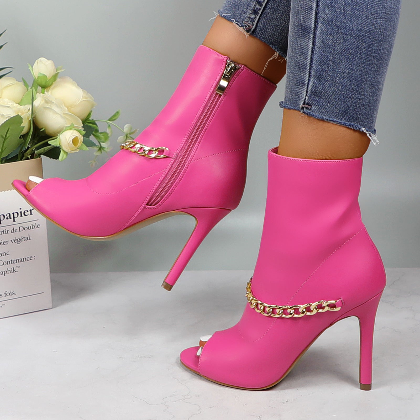 Lurnyet Women's Chain Detail Peep Toe 4 Inch High Heel Ankle Boot