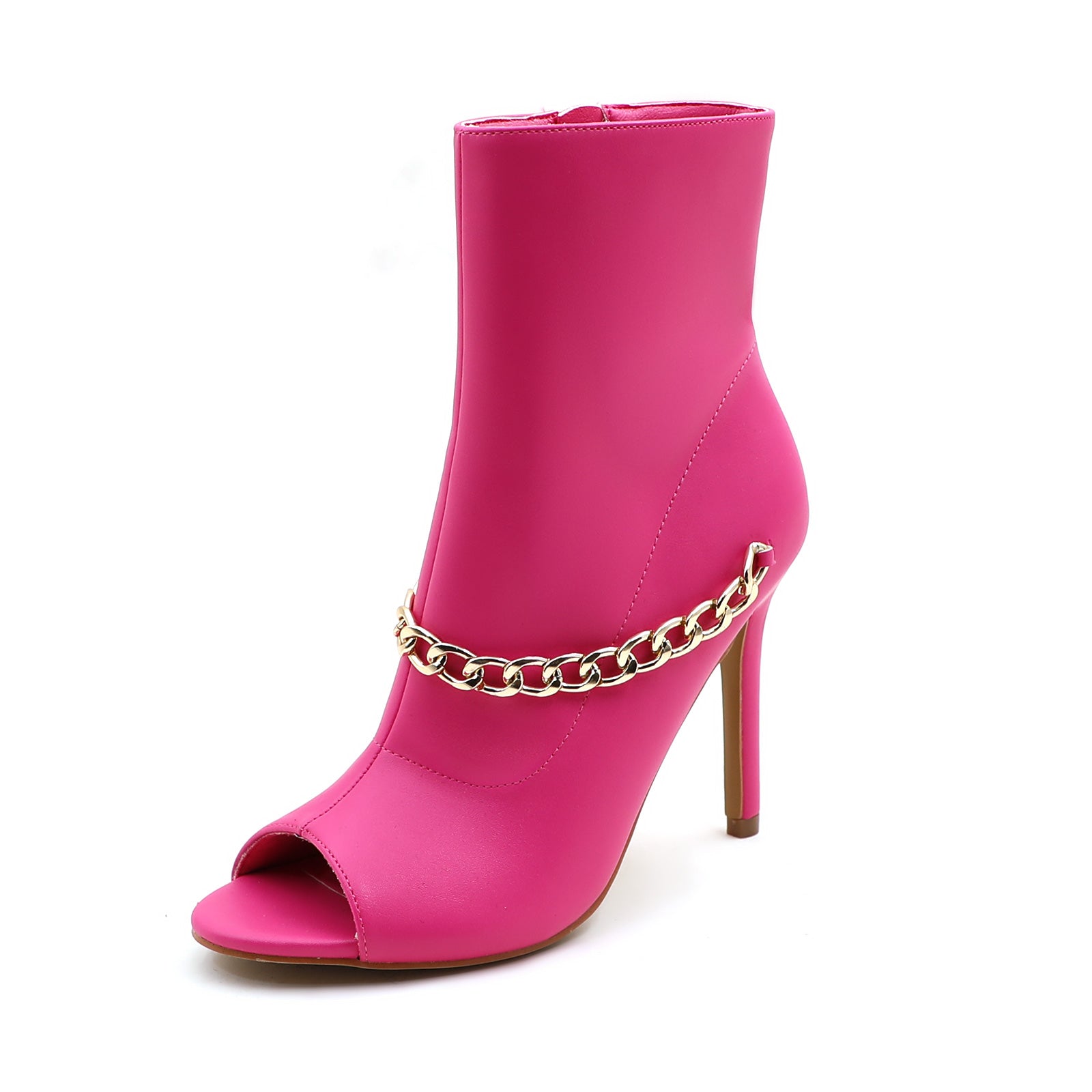 Lurnyet Women's Chain Detail Peep Toe 4 Inch High Heel Ankle Boot