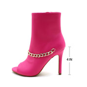 Lurnyet Women's Chain Detail Peep Toe 4 Inch High Heel Ankle Boot