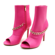 Lurnyet Women's Chain Detail Peep Toe 4 Inch High Heel Ankle Boot