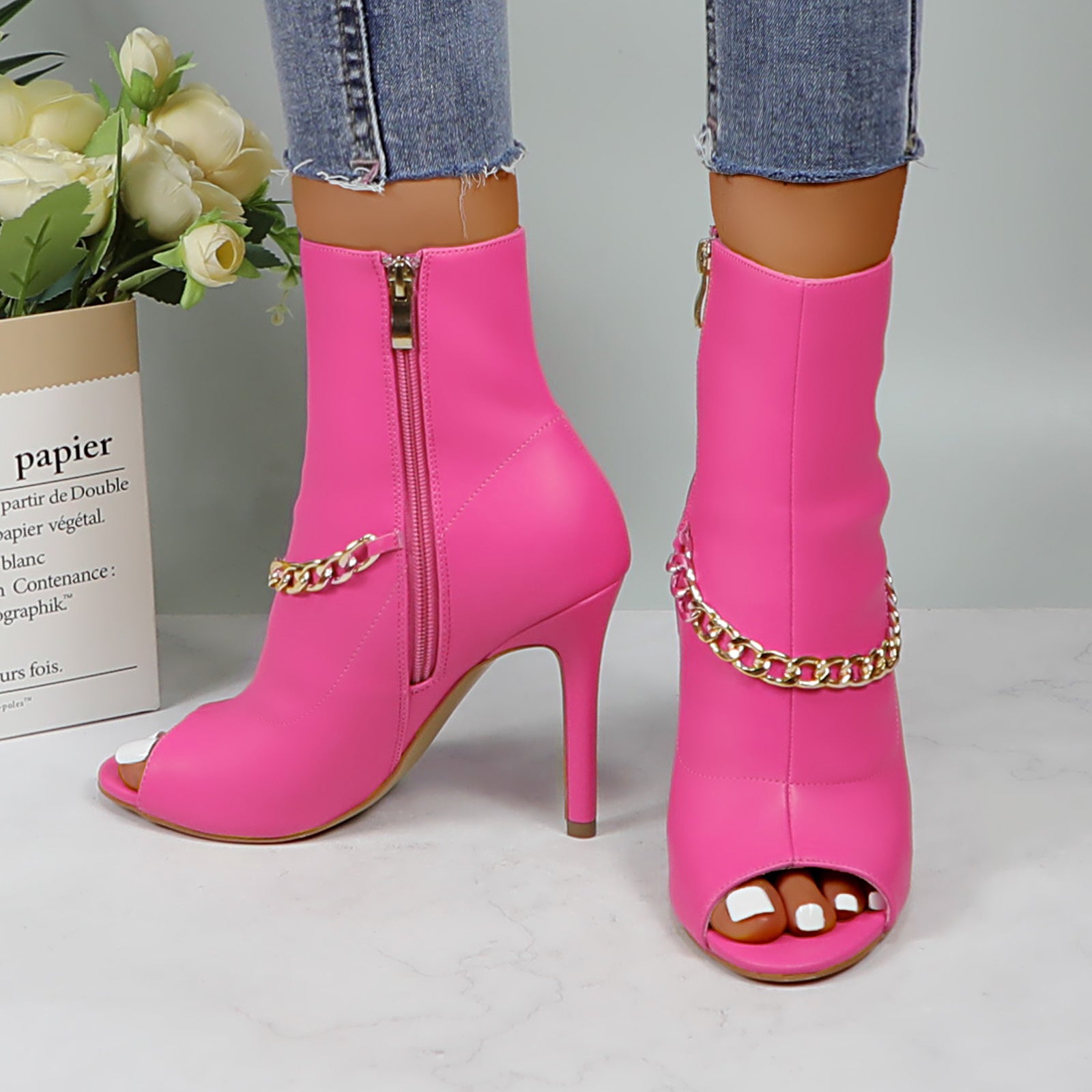 Lurnyet Women's Chain Detail Peep Toe 4 Inch High Heel Ankle Boot