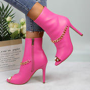Lurnyet Women's Chain Detail Peep Toe 4 Inch High Heel Ankle Boot