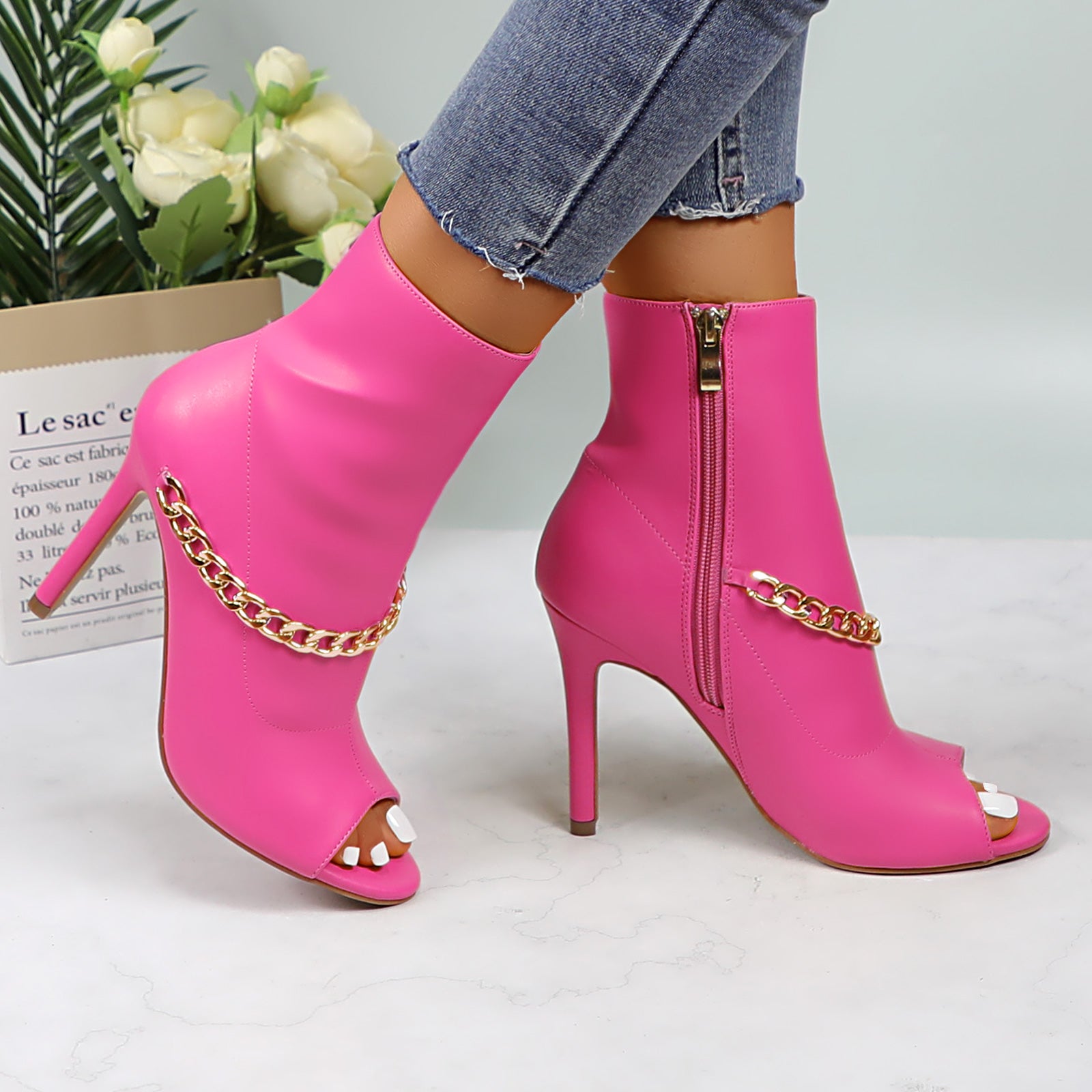 Lurnyet Women's Chain Detail Peep Toe 4 Inch High Heel Ankle Boot