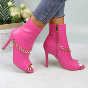 Lurnyet Women's Chain Detail Peep Toe 4 Inch High Heel Ankle Boot