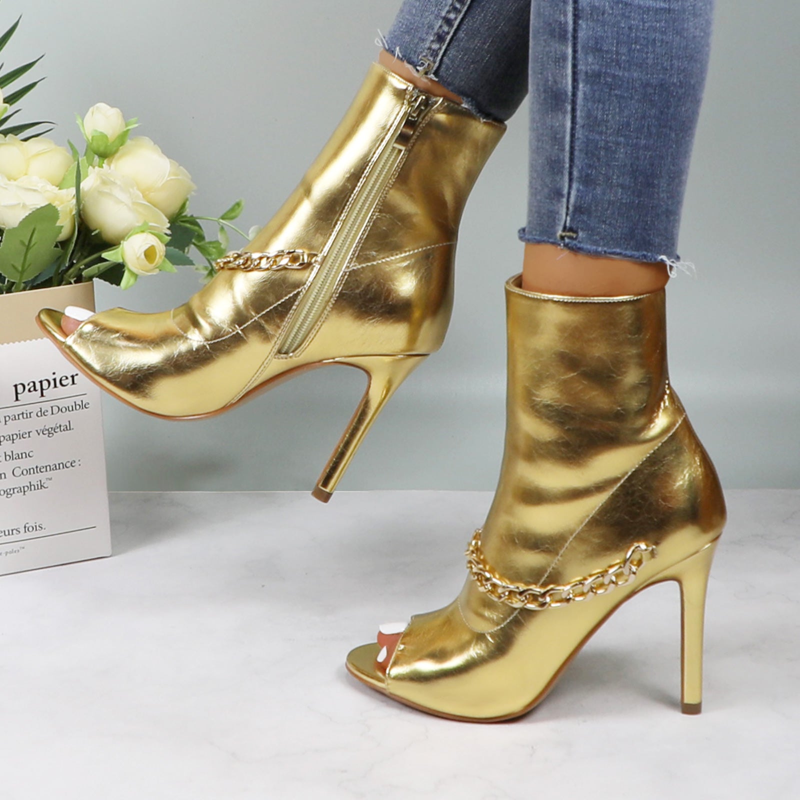 Lurnyet Women's Chain Detail Peep Toe 4 Inch High Heel Ankle Boot