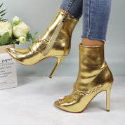 Lurnyet Women's Chain Detail Peep Toe 4 Inch High Heel Ankle Boot