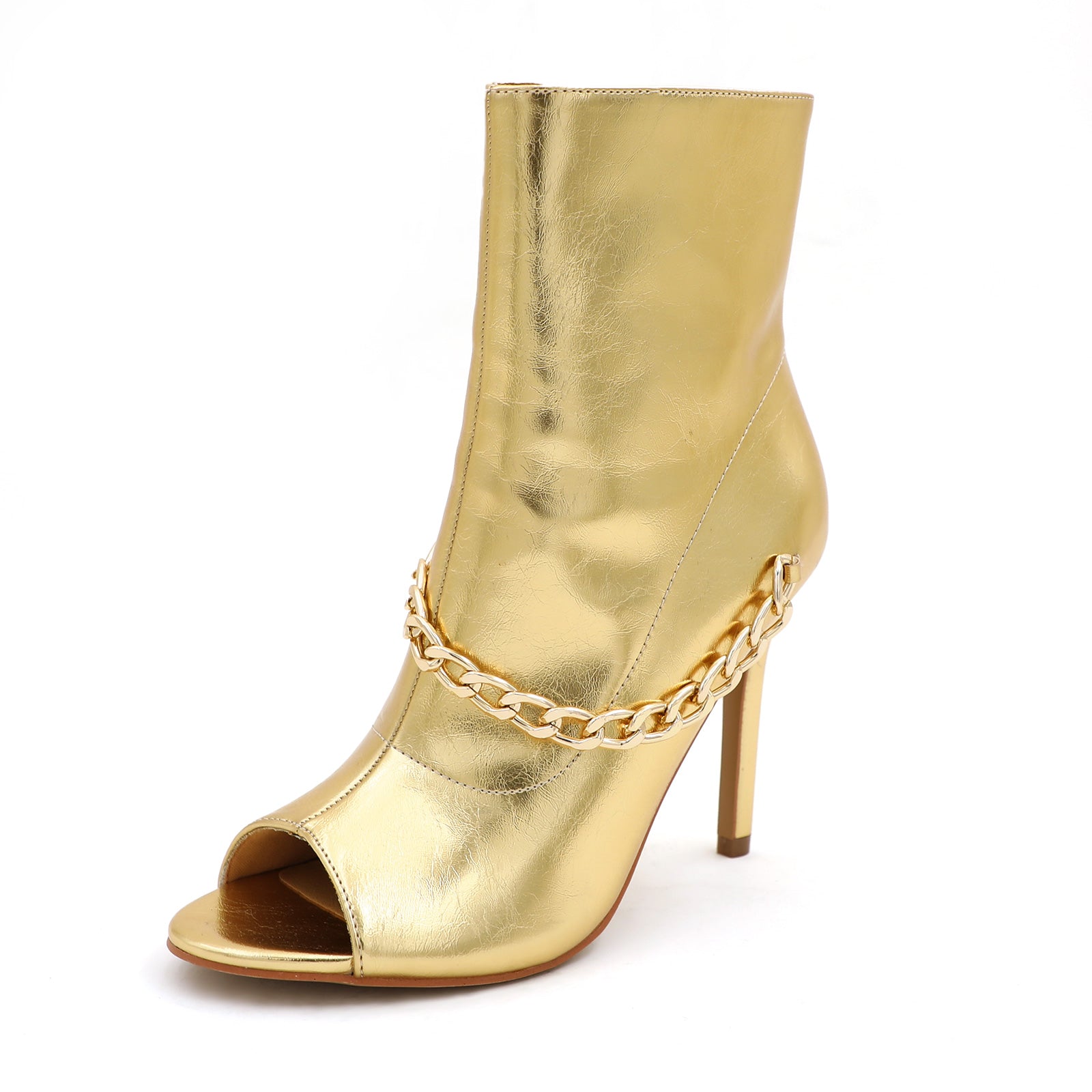 Lurnyet Women's Chain Detail Peep Toe 4 Inch High Heel Ankle Boot