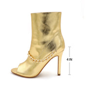 Lurnyet Women's Chain Detail Peep Toe 4 Inch High Heel Ankle Boot