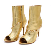 Lurnyet Women's Chain Detail Peep Toe 4 Inch High Heel Ankle Boot