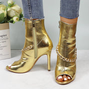 Lurnyet Women's Chain Detail Peep Toe 4 Inch High Heel Ankle Boot