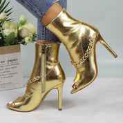 Lurnyet Women's Chain Detail Peep Toe 4 Inch High Heel Ankle Boot
