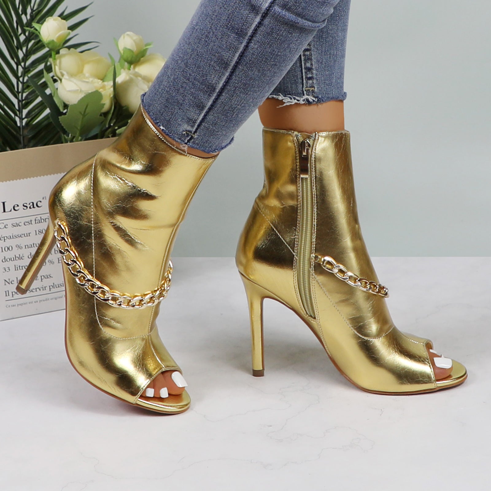 Lurnyet Women's Chain Detail Peep Toe 4 Inch High Heel Ankle Boot