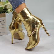 Lurnyet Women's Chain Detail Peep Toe 4 Inch High Heel Ankle Boot