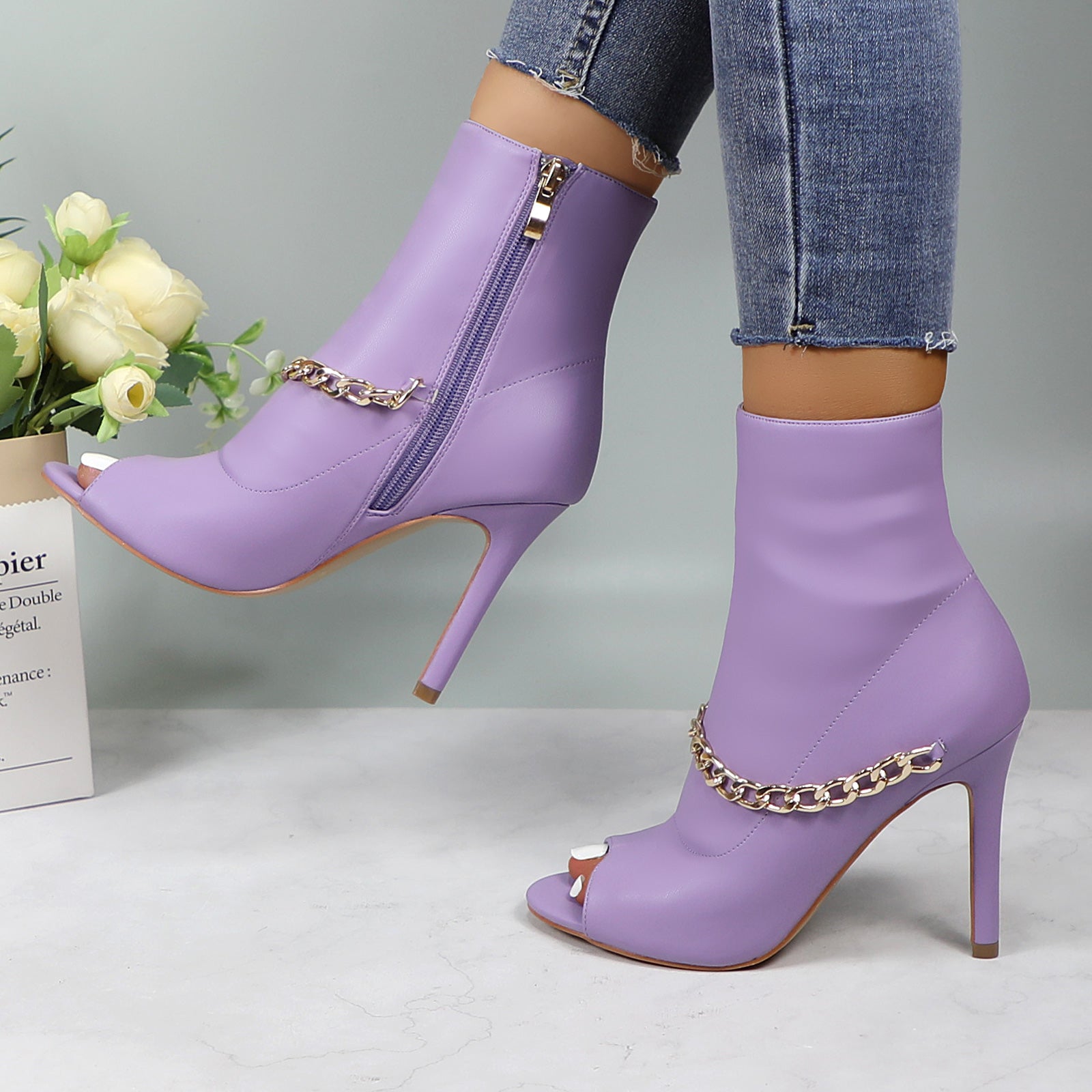Lurnyet Women's Chain Detail Peep Toe 4 Inch High Heel Ankle Boot