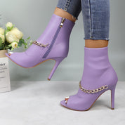 Lurnyet Women's Chain Detail Peep Toe 4 Inch High Heel Ankle Boot