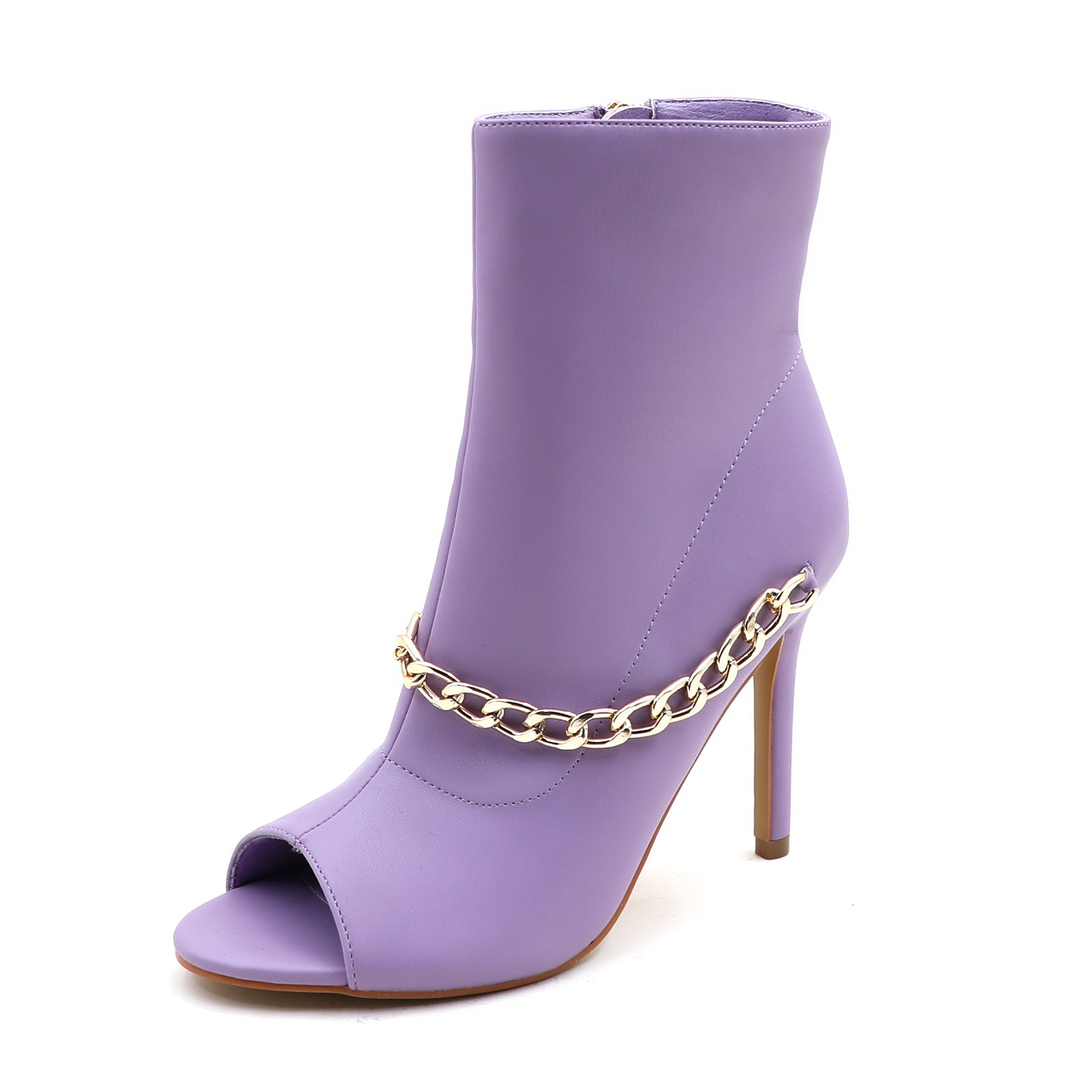 Lurnyet Women's Chain Detail Peep Toe 4 Inch High Heel Ankle Boot