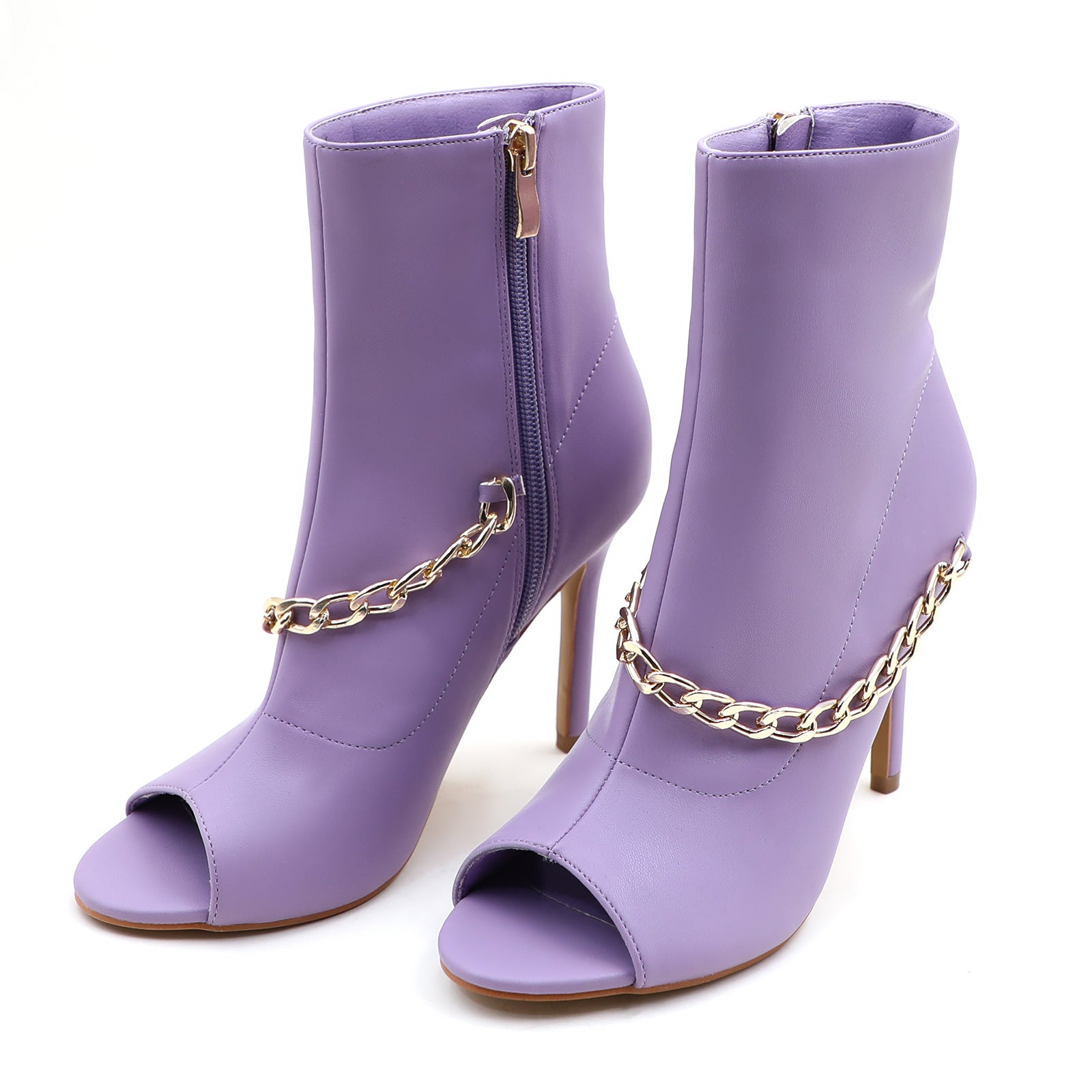 Lurnyet Women's Chain Detail Peep Toe 4 Inch High Heel Ankle Boot
