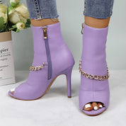 Lurnyet Women's Chain Detail Peep Toe 4 Inch High Heel Ankle Boot
