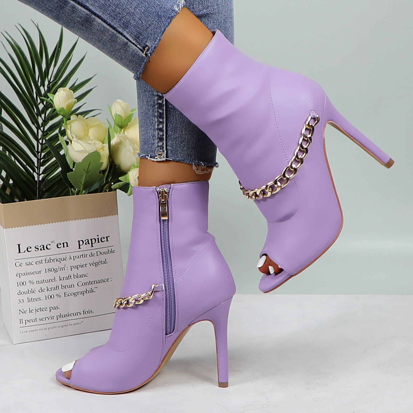 Lurnyet Women's Chain Detail Peep Toe 4 Inch High Heel Ankle Boot
