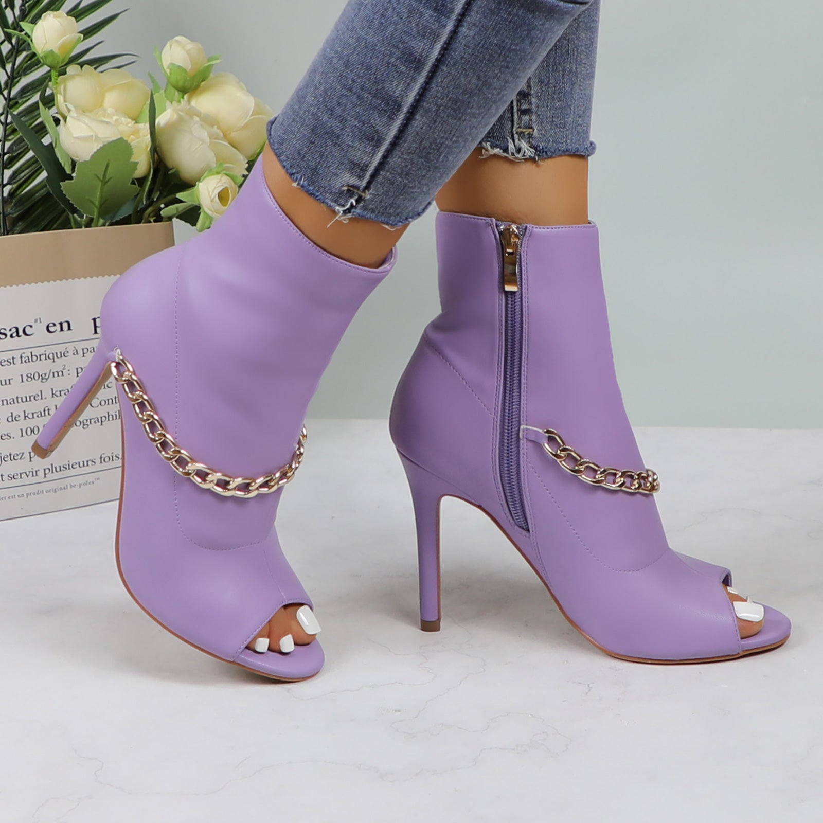 Lurnyet Women's Chain Detail Peep Toe 4 Inch High Heel Ankle Boot