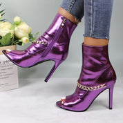 Lurnyet Women's Chain Detail Peep Toe 4 Inch High Heel Ankle Boot