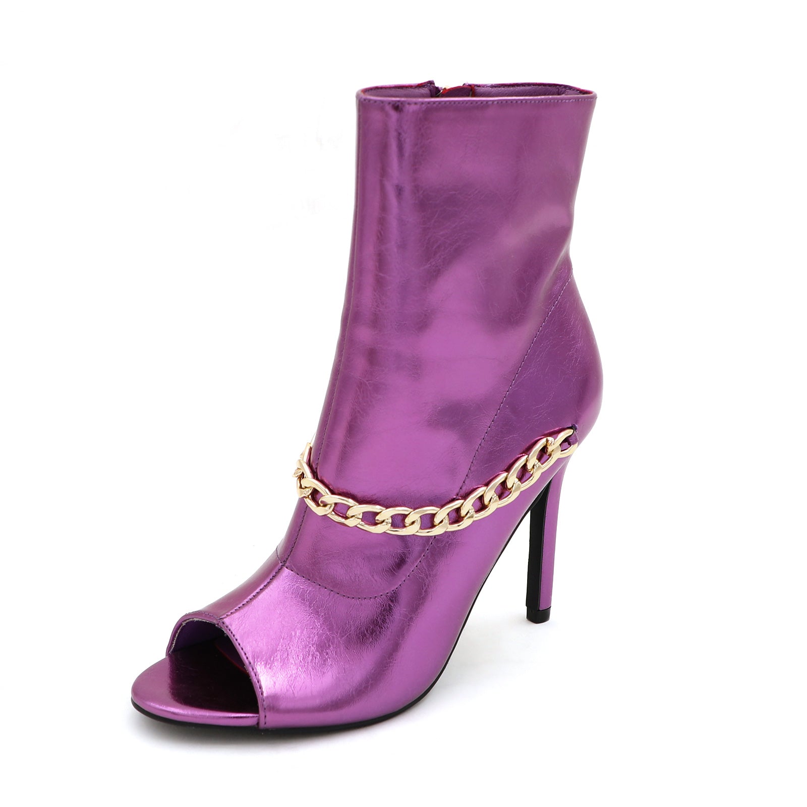 Lurnyet Women's Chain Detail Peep Toe 4 Inch High Heel Ankle Boot