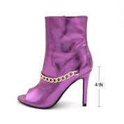 Lurnyet Women's Chain Detail Peep Toe 4 Inch High Heel Ankle Boot