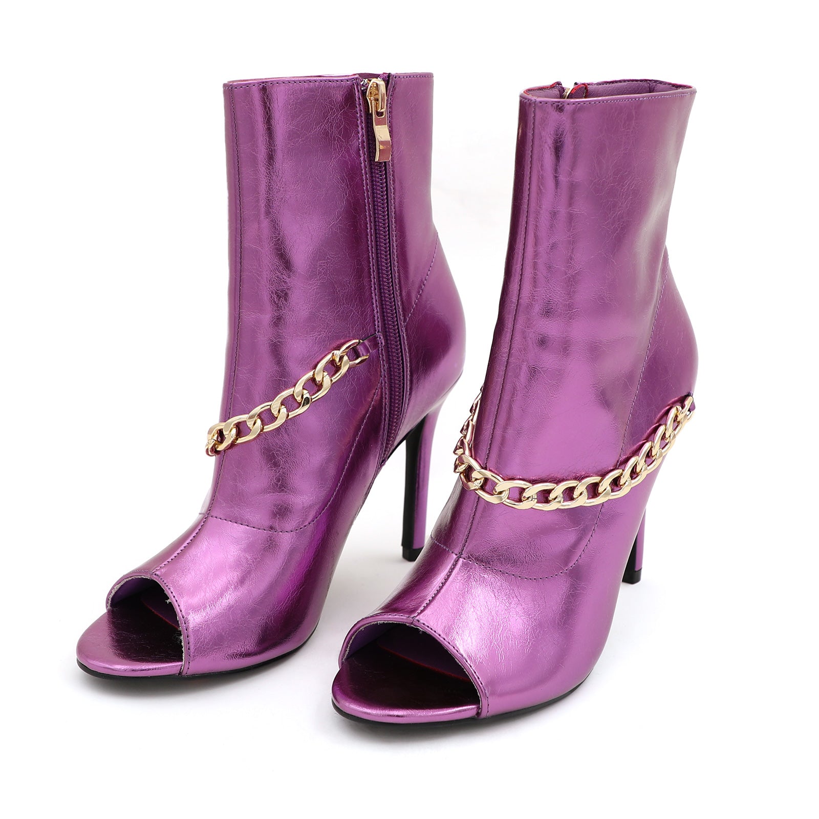Lurnyet Women's Chain Detail Peep Toe 4 Inch High Heel Ankle Boot