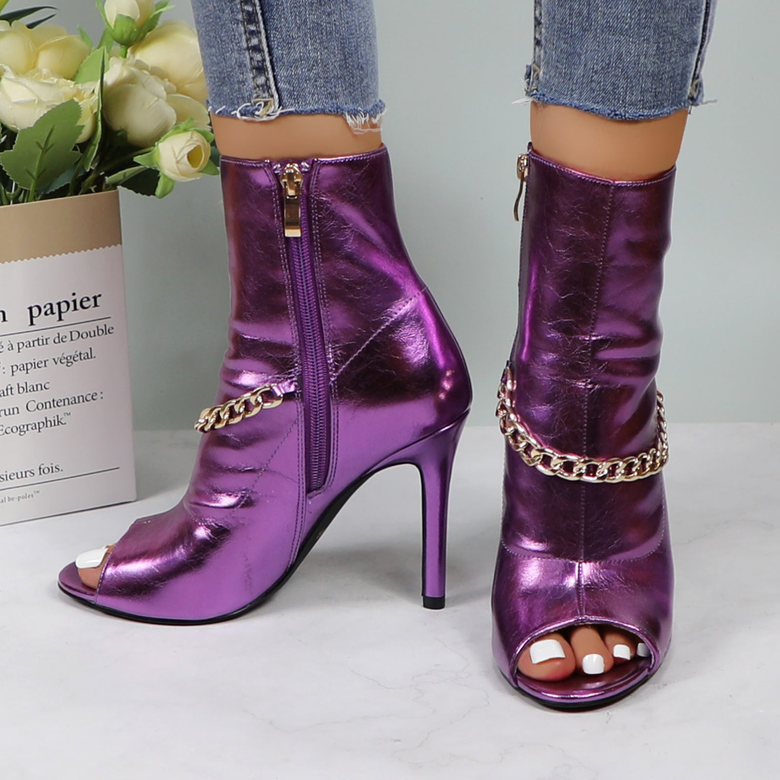 Lurnyet Women's Chain Detail Peep Toe 4 Inch High Heel Ankle Boot