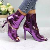 Lurnyet Women's Chain Detail Peep Toe 4 Inch High Heel Ankle Boot