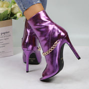 Lurnyet Women's Chain Detail Peep Toe 4 Inch High Heel Ankle Boot