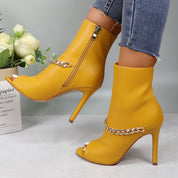 Lurnyet Women's Chain Detail Peep Toe 4 Inch High Heel Ankle Boot