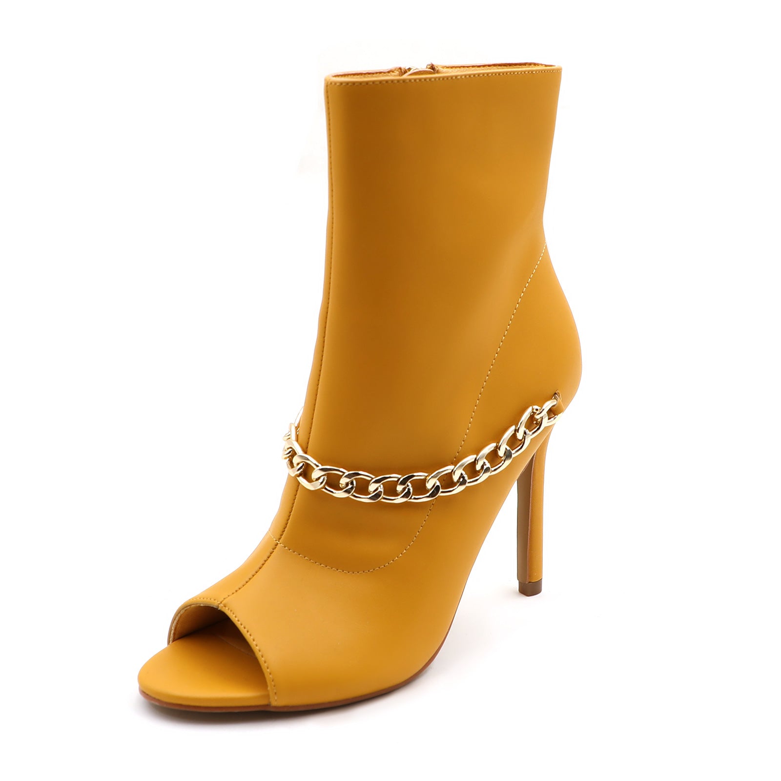 Lurnyet Women's Chain Detail Peep Toe 4 Inch High Heel Ankle Boot