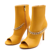 Lurnyet Women's Chain Detail Peep Toe 4 Inch High Heel Ankle Boot