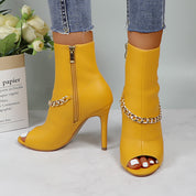 Lurnyet Women's Chain Detail Peep Toe 4 Inch High Heel Ankle Boot