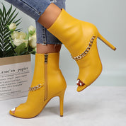 Lurnyet Women's Chain Detail Peep Toe 4 Inch High Heel Ankle Boot