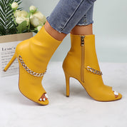 Lurnyet Women's Chain Detail Peep Toe 4 Inch High Heel Ankle Boot