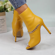 Lurnyet Women's Chain Detail Peep Toe 4 Inch High Heel Ankle Boot
