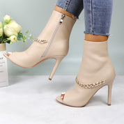 Lurnyet Women's Chain Detail Peep Toe 4 Inch High Heel Ankle Boot