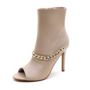 Lurnyet Women's Chain Detail Peep Toe 4 Inch High Heel Ankle Boot