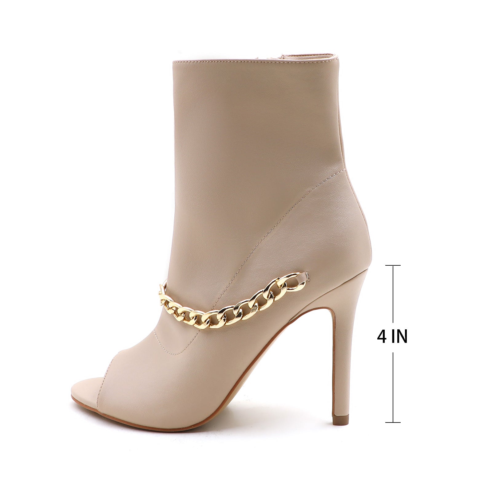 Lurnyet Women's Chain Detail Peep Toe 4 Inch High Heel Ankle Boot
