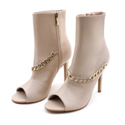 Lurnyet Women's Chain Detail Peep Toe 4 Inch High Heel Ankle Boot
