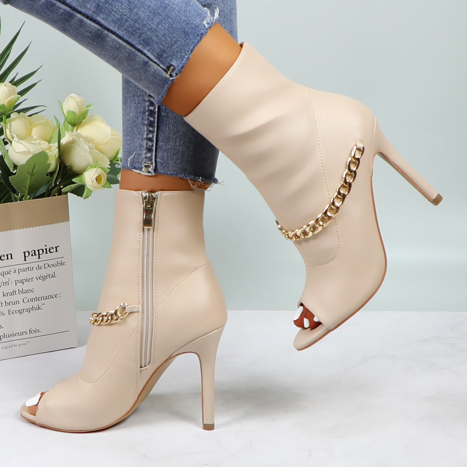 Lurnyet Women's Chain Detail Peep Toe 4 Inch High Heel Ankle Boot