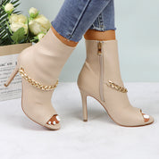 Lurnyet Women's Chain Detail Peep Toe 4 Inch High Heel Ankle Boot