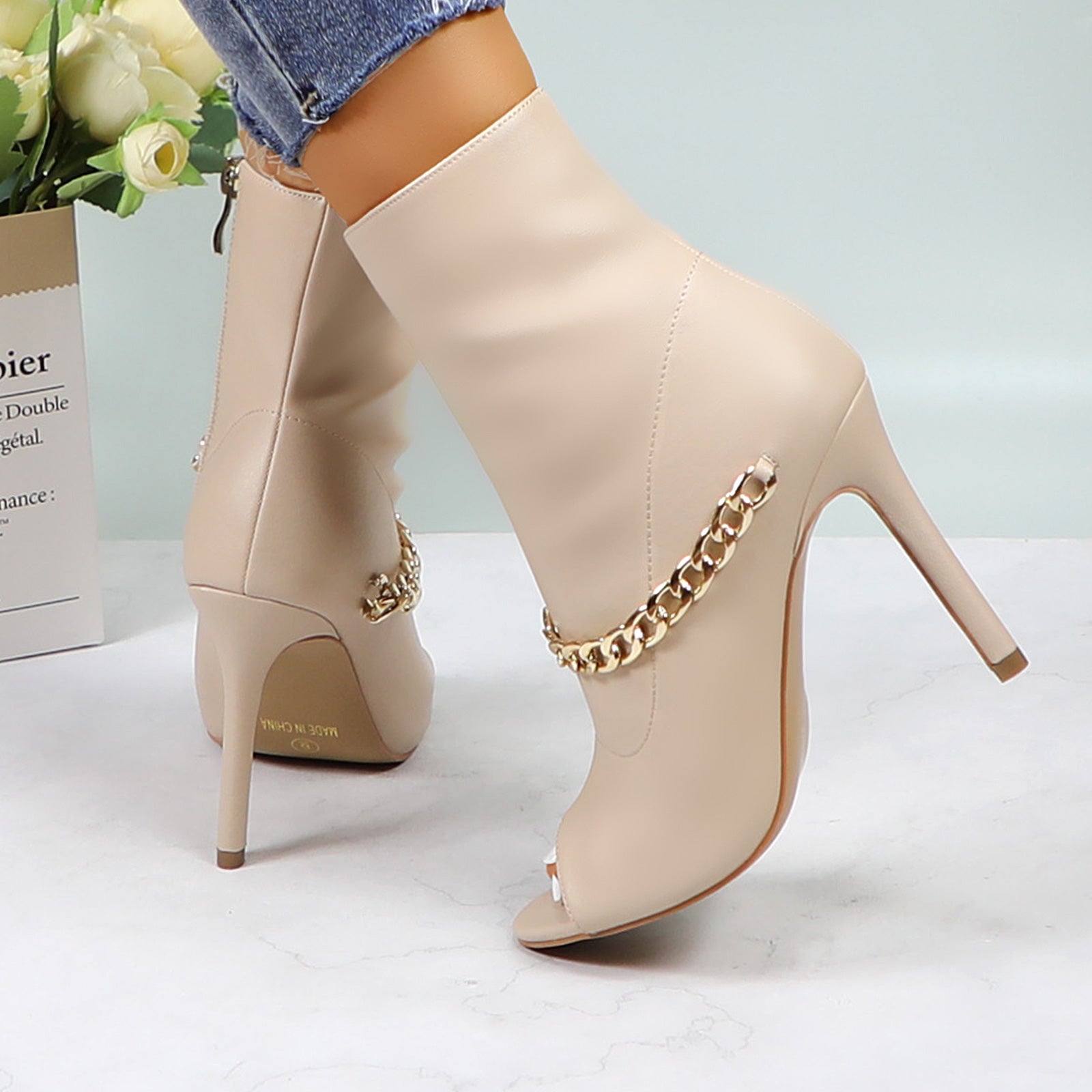 Lurnyet Women's Chain Detail Peep Toe 4 Inch High Heel Ankle Boot