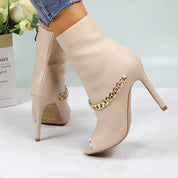 Lurnyet Women's Chain Detail Peep Toe 4 Inch High Heel Ankle Boot