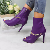 Lurnyet Women's Chain Detail Peep Toe 4 Inch High Heel Ankle Boot