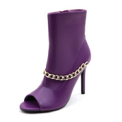 Lurnyet Women's Chain Detail Peep Toe 4 Inch High Heel Ankle Boot