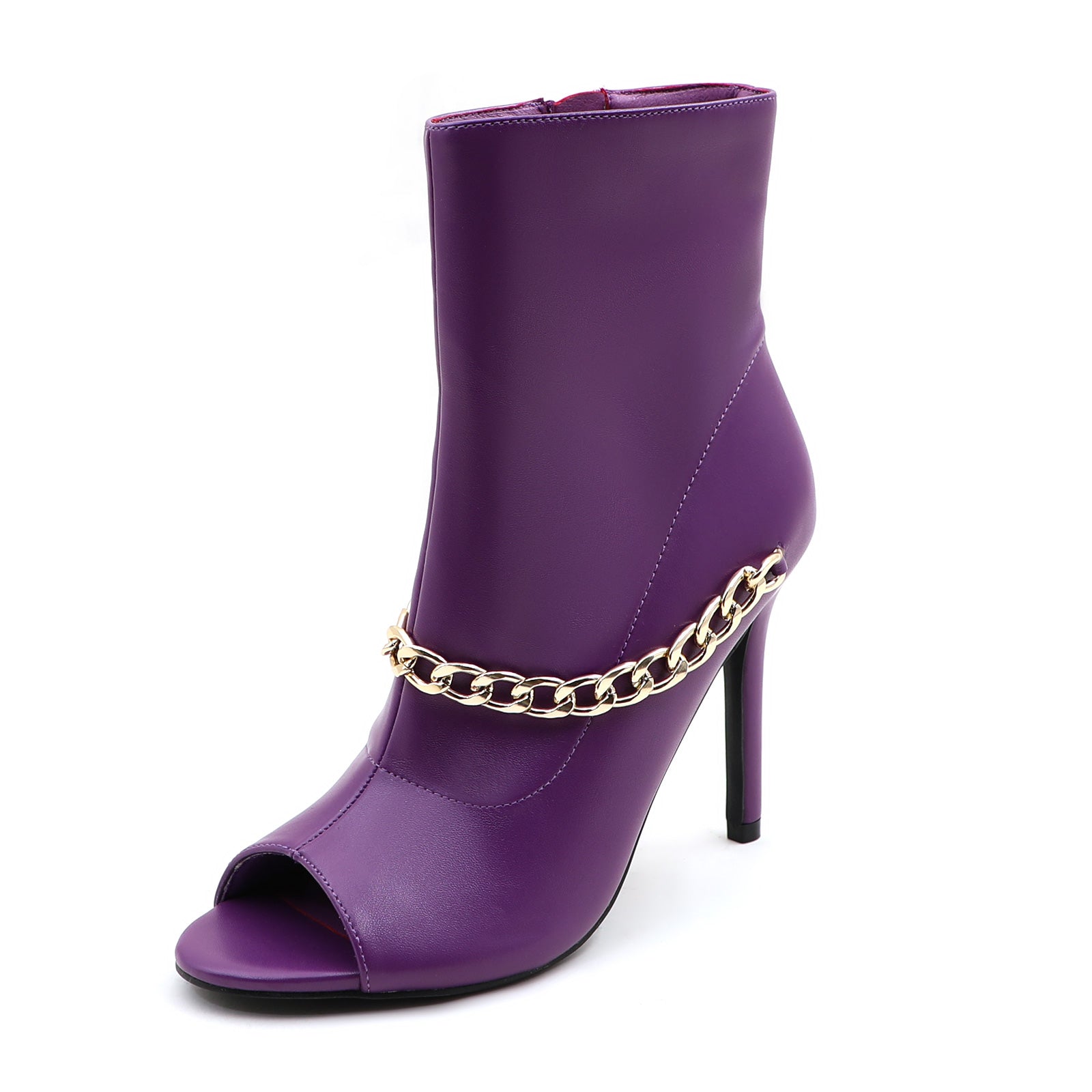 Lurnyet Women's Chain Detail Peep Toe 4 Inch High Heel Ankle Boot